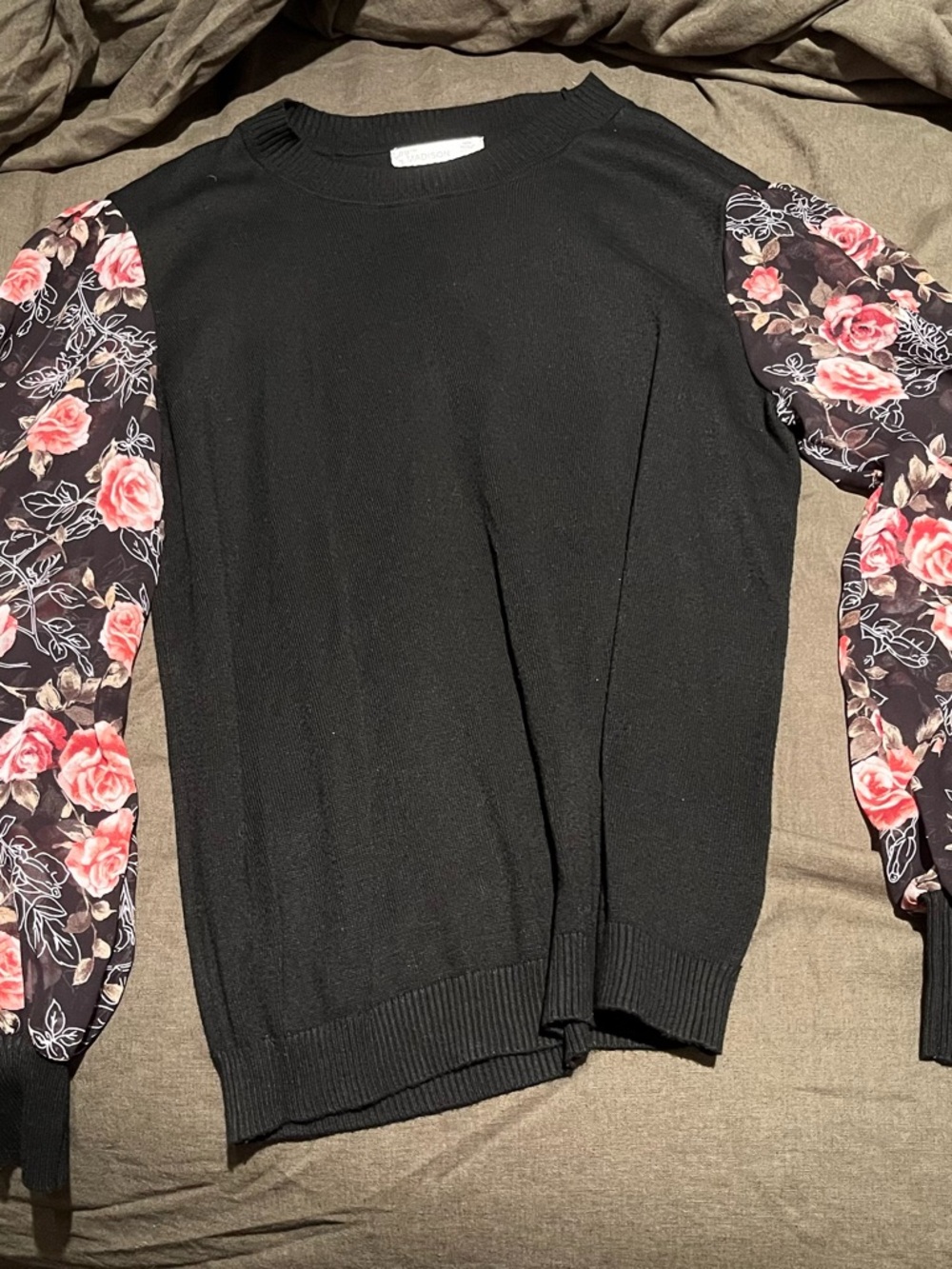 89th & Madison Black Crewneck Sweater with Pink Floral Puff Sleeves